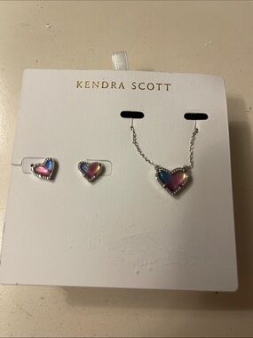 Kendra Scott Pink-Blue Aria Gradient Heart Necklace and Studs silver tone